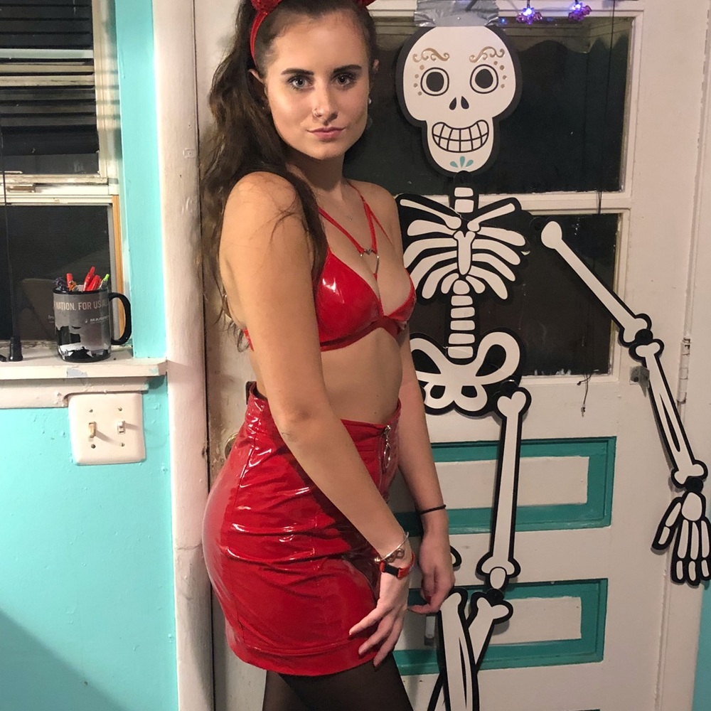 Red latex like skirt and latex top!